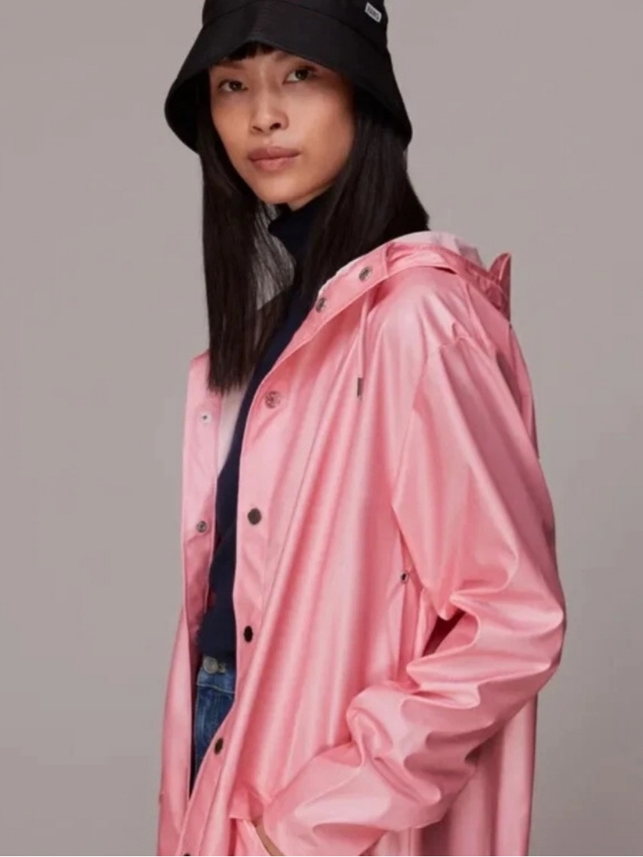 Rains Long Rain Jacket Trench In Pink Sky With Hood Unisex Coastal Chic Sz Large